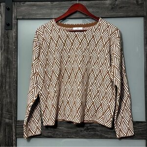 H by Halston Brown and White Geometric Sweater Women's L Teacher Office